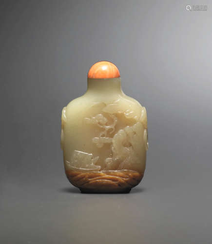 18th/19th century A yellow and russet jade 'sampan' snuff bottle