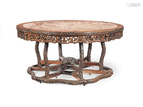 Late Qing Dynasty A large hongmu marble-topped demountable  round table