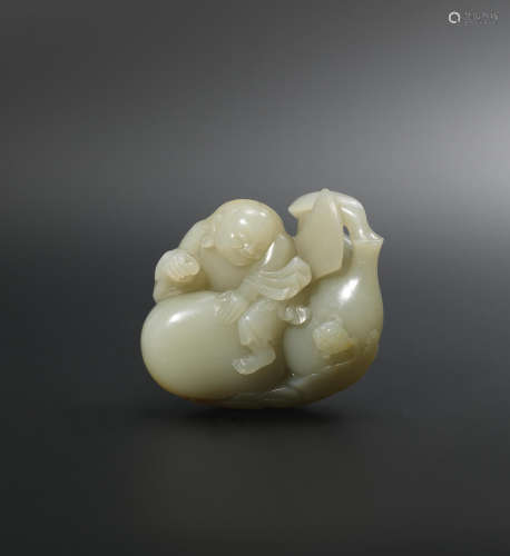 Qianlong A very pale green and russet jade carving of Liu Hai and gourd