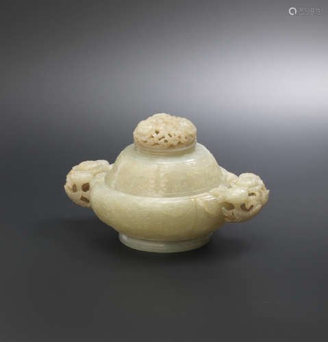 18th century A pale green jade 'Eight Buddhist Emblems' incense burner and cover