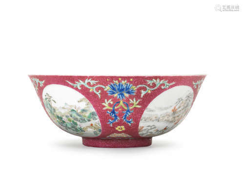 Daoguang seal mark and of the period  A fine famille rose ruby-sgraffiato-ground 'medallion' bowl