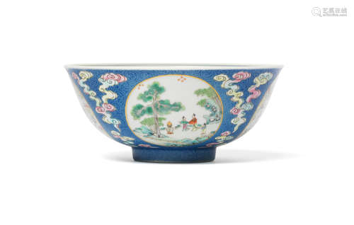 Daoguang seal mark and of the period  A fine famille rose blue-sgraffiato-ground 'medallion' bowl