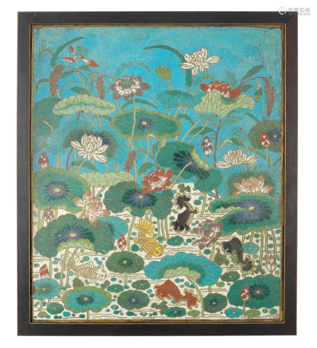Mid Qing Dynasty A cloisonné-enamel 'fish and lotus' Rectangular panel