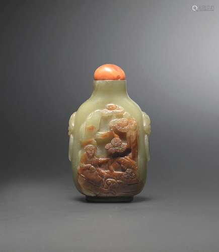 18th/19th century A yellow and russet jade 'landscape' snuff bottle