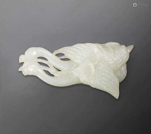 18th century A superb very pale green jade 'double geese' paperweight