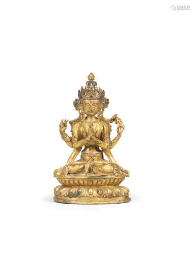 Tibet, circa 16th century A rare gilt-copper alloy figure of Shadakshari Avalokiteshvara