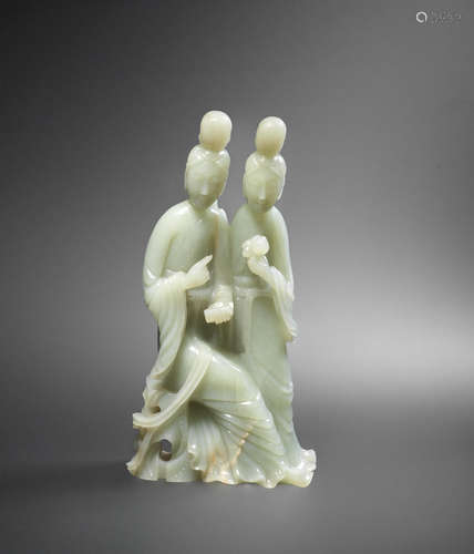 Late Qing Dynasty  A pale green jade 'Qiao sisters' group