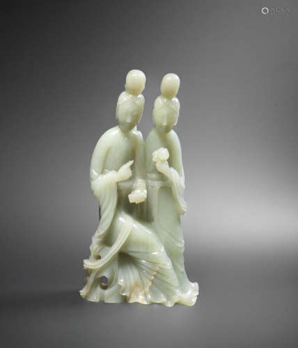 Late Qing Dynasty  A pale green jade 'Qiao sisters' group