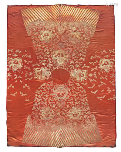 19th century An uncut red-ground silk Han-Chinese woman's wedding coat, mang'ao