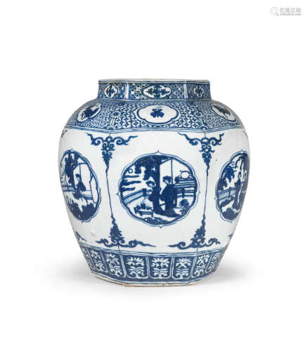 16th century  A large blue and white 'ladies in garden' jar, guan