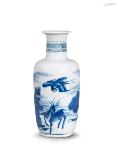 Kangxi A blue and white 'deer and crane' rouleau vase