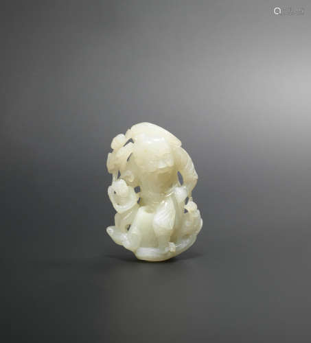 18th century A white jade carving of a 'fisherman and boy' group