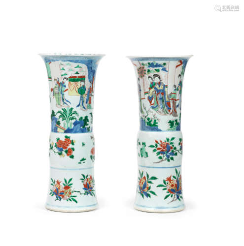 Shunzhi  A pair of wucai flaring vases, Gu