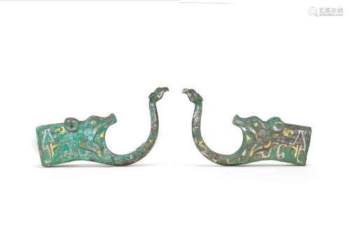 Late Warring States/Western Han Dynasty A rare pair of bronze silver-inlaid crossbow holders, cheng nu qi