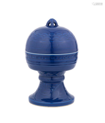 Impressed Jiaqing seal marks and of the period A blue-glazed altar vessel and cover, Dou