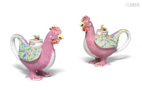 Qianlong, circa 1740 A rare pair of famille rose 'standing cockerel' teapots and covers