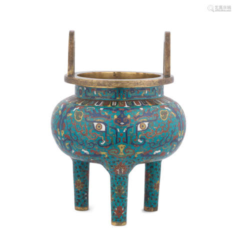 Late Ming Dynasty A large cloisonné enamel archaistic tripod incense burner, Ding