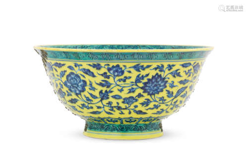Yongzheng six-character mark and of the period A rare blue and white and yellow and green-enamelled 'floral' bowl