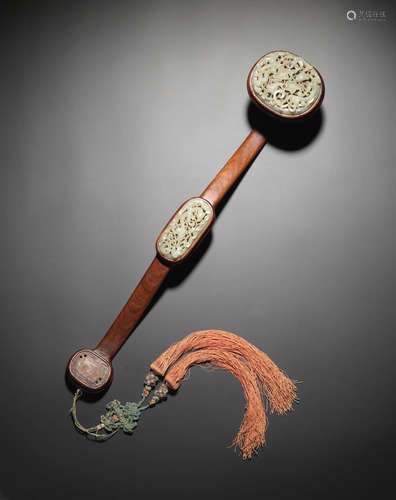 The jade Ming Dynasty, the shaft Qing Dynasty A huanghuali ruyi sceptre inset with reticulated jade plaques