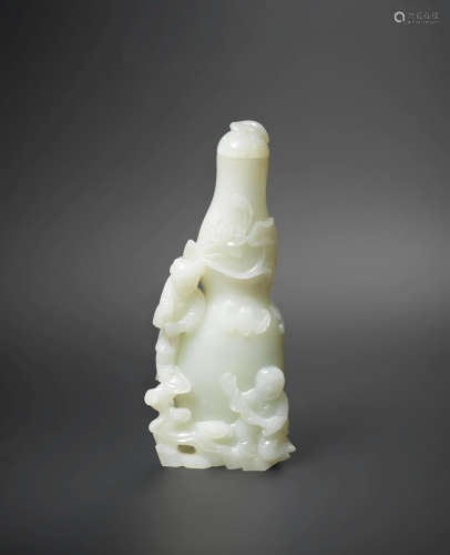 Mid Qing Dynasty A white jade double-gourd 'Hehe Erxian' vase and cover