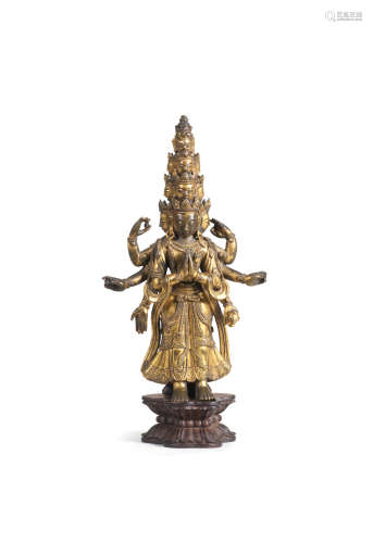 18th century A small gilt-bronze figure of eleven-headed Avalokiteshvara
