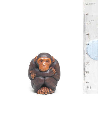 By Michael Webb (1934-2011), Yorkshire, England, circa 1980 A boxwood netsuke of a chimpanzee