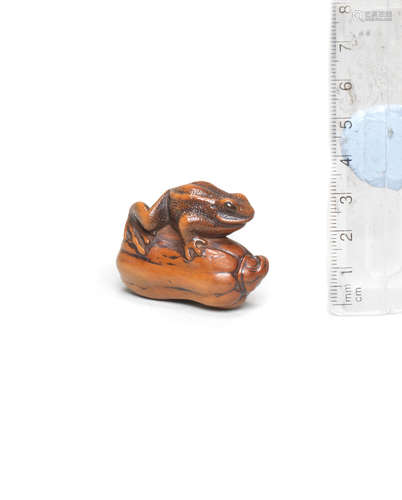 Late 19th/early 20th century A boxwood netsuke of a frog on a pumpkin