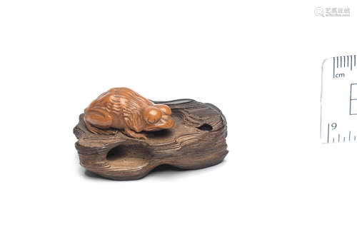 By Seiyodo Tomiharu (1733-1810) and Seiyodo Gansui (1809-1848), Iwami Province, late 18th/early 19th century A kurogaki (black persimmon) wood and boxwood netsuke of a frog on driftwood