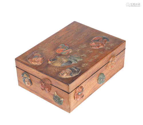 By Kano Tessai (1845-1925), dated 1914 An unusual hinoki rectangular (Japanese cedar) wood bunko (document box) and cover