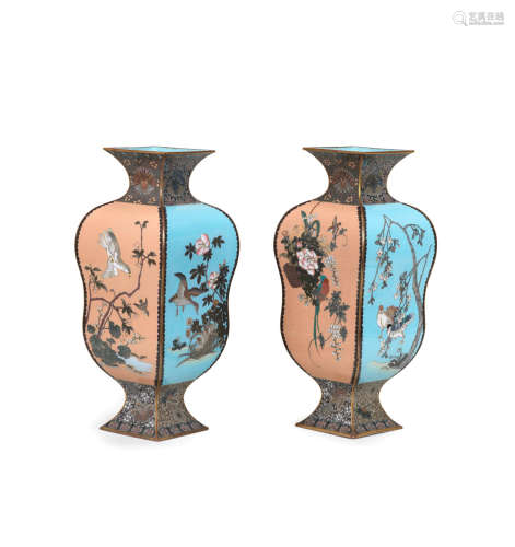 Meiji era (1868-1912), late 19th/early 20th century A pair of rectangular lobed cloisonné-enamel vases