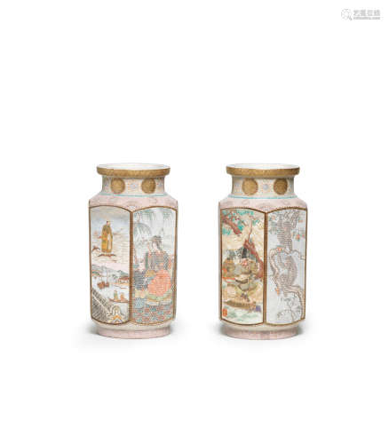 By the Tohakuen workshop, Meiji era (1868-1912), circa 1890s A pair of Satsuma hexagonal vases