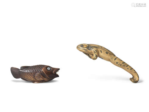 By Jack Coutu (1924-2017), English, the first carved in August 1993, the second carved May 1980 Two boxwood netsuke of a leaping frog and a fish