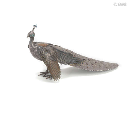 Attributed to Hasegawa Issei, Meiji era (1868-1912), late 19th/early 20th century A fine silver and enamelled koro (incense burner) and cover in the form of a peacock
