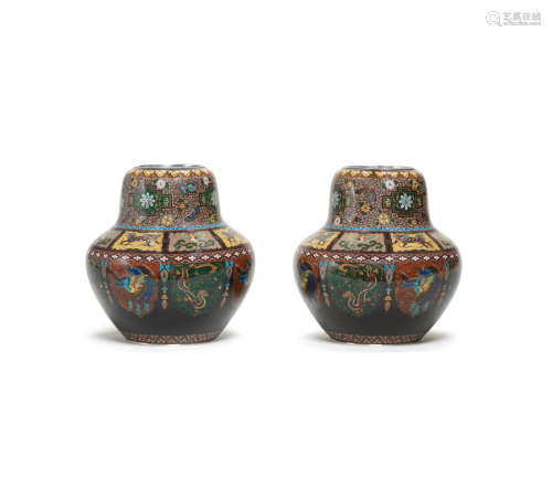 By Hayashi Kodenji, Meiji era (1868-1912), late 19th/early 20th century A pair of cloisonné-enamel broad pear-shaped vases