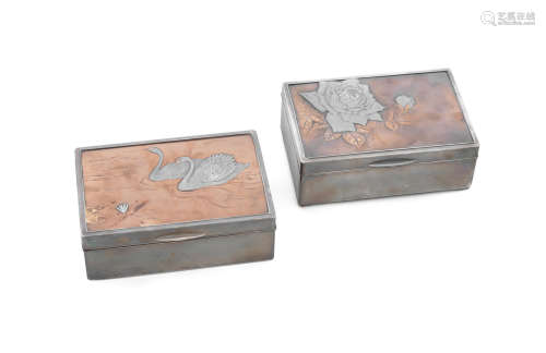 One by Toyohiro and one by Shuei, Meiji era (1868-1912), late 19th/early 20th century  Two silver inlaid rectangular boxes