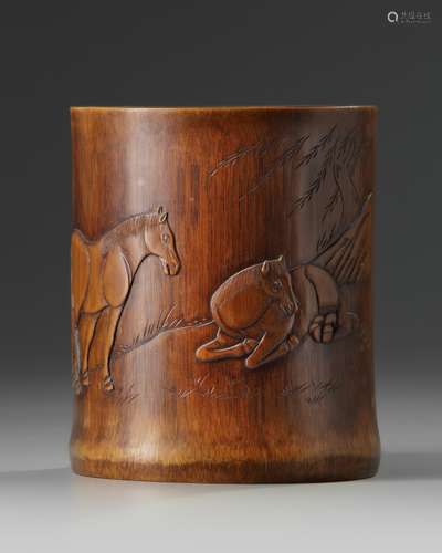 A Chinese bamboo 'horses' brush pot, bitong