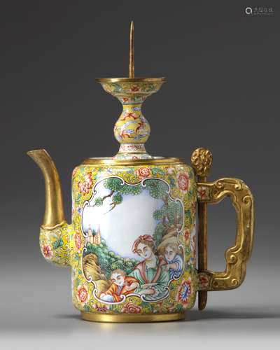 A Chinese painted enamel 'European subject' teapot and pricket stick cover