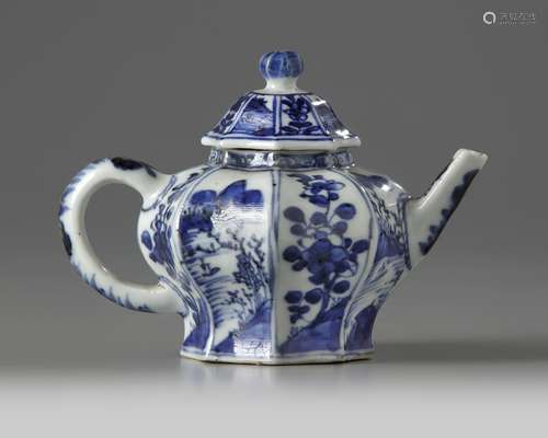 A Chinese blue and white moulded octagonal teapot and cover