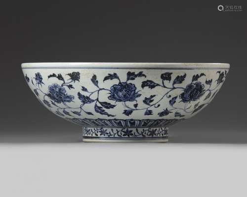 A Chinese blue and white 'peony scroll' bowl