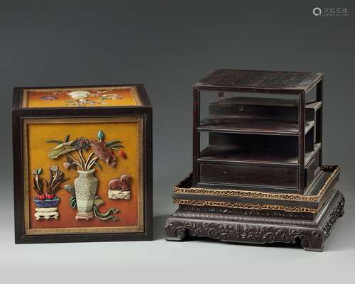 A Chinese hongmu display cabinet and hardstone-inlaid lacquer cover