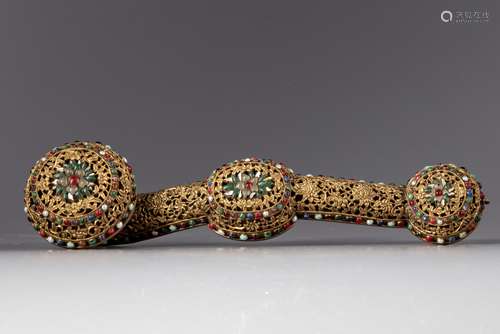 A gilt bronze gemstone and mother of pearl inlaid sceptre