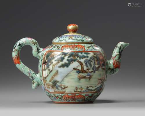 A Chinese green-ground famille rose 'Hui Mountain Retreat' teapot and cover