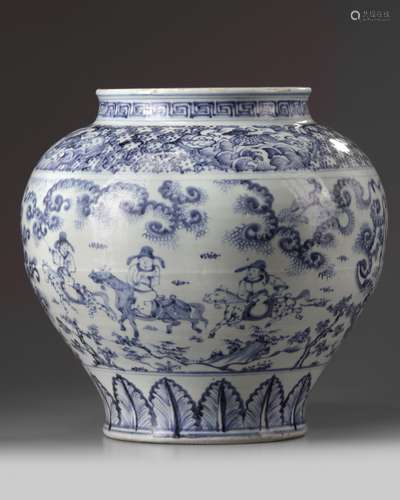 A large Chinese blue and white 'narrative' jar, guan