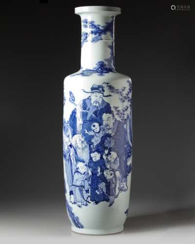 A large Chinese blue and white 'Immortals' rouleau vase