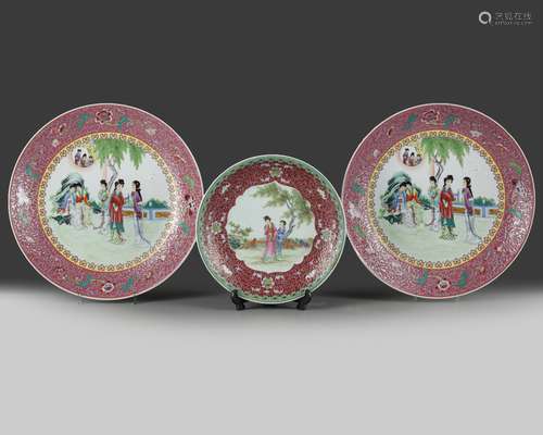 Three Chinese famille rose 'ladies' chargers