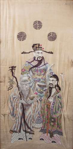 A large chinese silk emboroidery of the three deities