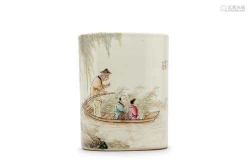 Attributed to Liu Xiren (1906-1967) A famille-rose 'fishing' brush pot