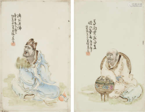 Signed Taomi Daoren Wang Qi, dated gengwu year (1930) Two famille-rose painted ceramic plaques