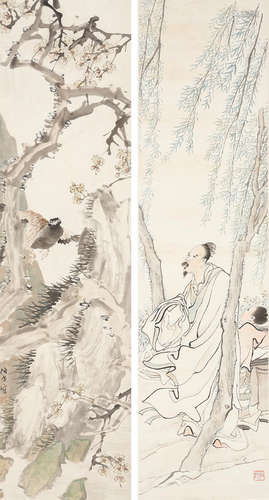 Bird and Flower, and Figures under a Willow Tree Attributed to Ren Yi (1840-1895), and Ren Xun (1835-1893)