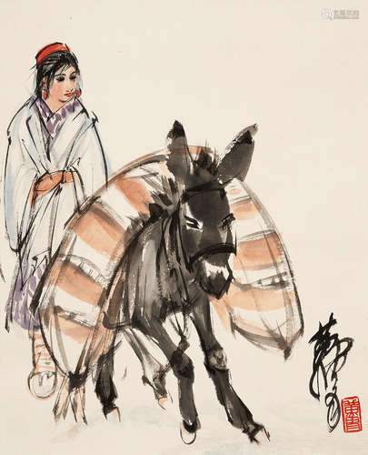 Girl and Donkey Attributed to Huang Zhou (1925-1997)